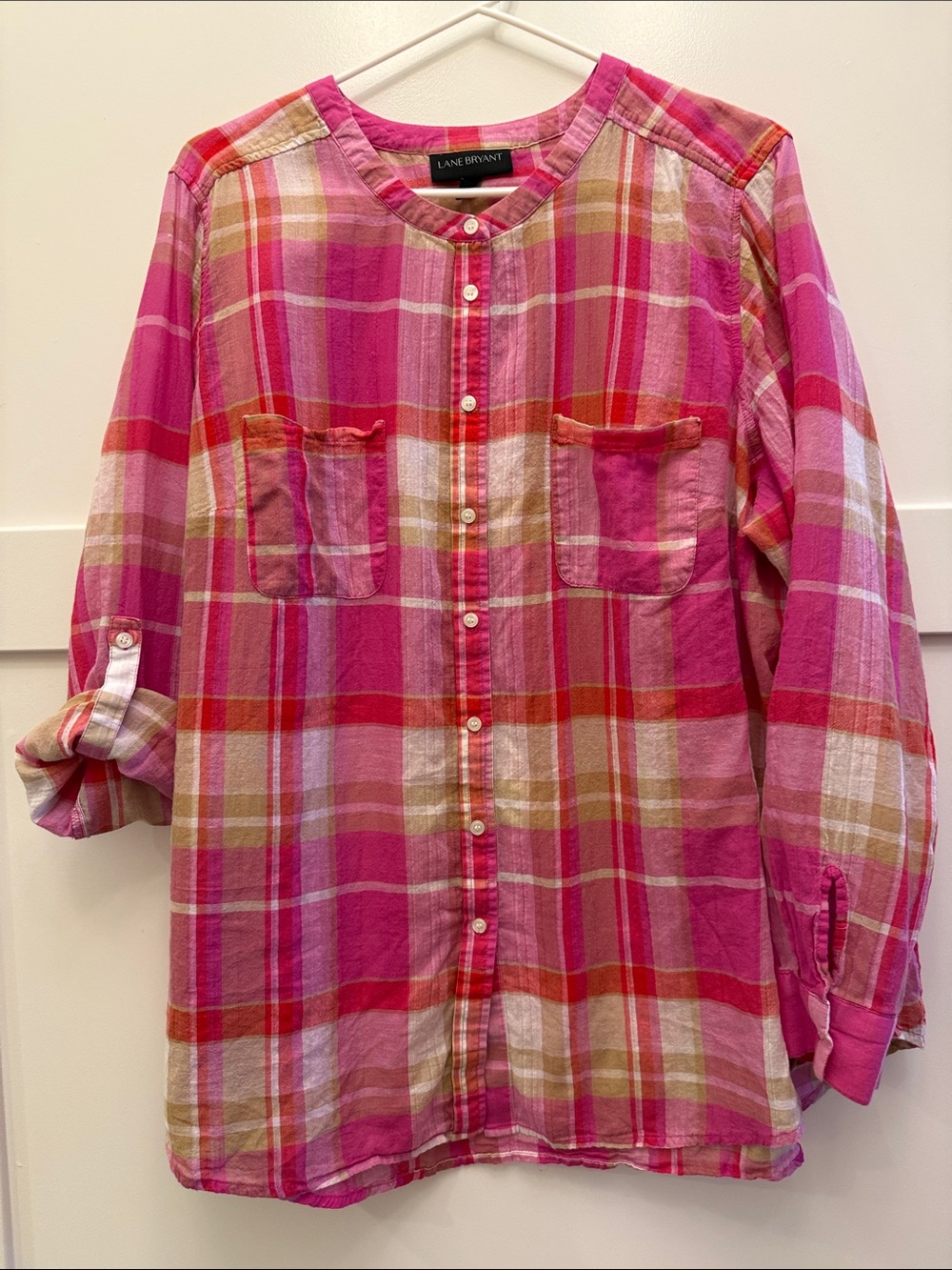 Lightweight Summer Blouse 100% cotton Sz 18/20 Pink Plaid Roll Tab Button Front